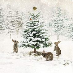 Three Bunnies, Diy Christmas Videos, Christmas Landscape, Christmas Table Centerpieces, Bug Art, Winter Illustration, Christmas Card Art, Christmas Mantel Decorations, Vintage Landscape