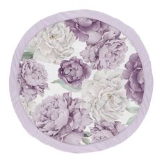 a purple and white flowered paper plate on a white background with flowers in the center