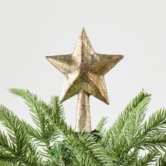 a gold star ornament sitting on top of a christmas tree branch with green needles