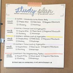 a clipboard with a study plan written on it