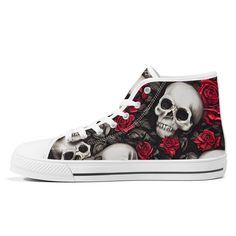 Dare to be different with our Skulls and Roses High-Top Canvas Shoes.  The perfect fusion of edgy and chic, these Converse-style sneakers feature intricate skull designs entwined with vivid roses.  Crafted for those who embrace individuality, these shoes are more than just a fashion statement; they're an attitude. * Rubber strong and soft outsoles for high top canvas shoes.  * Canvas upper lining construction with EVA padded insoles. * Complete with metal eyelets and a lace up closure for a clas Skeleton Shoes, Skull Designs, Skull And Roses, Style Converse, Converse Style, Shoes Converse, Shoes Canvas, Skulls And Roses, Skull Design