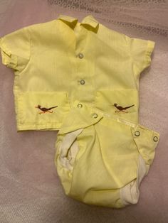 Vintage Yellow embroidered Infant Shirt & Rubber Pant Set,  Aprox. 6-9 months  In beautiful vintage condition,  Measurements taken laying flat: Shirt-shoulder to shoulder-8' inches across  Rubber pants-waist-7 1/2 inches across Rubber Pants, 9th Month, Clothing Sets, Baby Shirts, Pant Set, Vintage Yellow, Kids Clothing, Outfit Sets, Pants Set