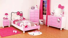 a hello kitty bedroom with pink furniture and accessories