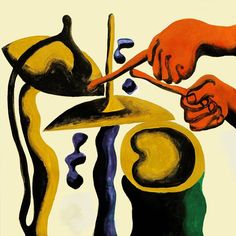 a painting with two hands holding scissors over a piece of artwork that is yellow and black