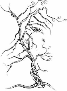 a drawing of a woman's face with tree branches growing out of her head