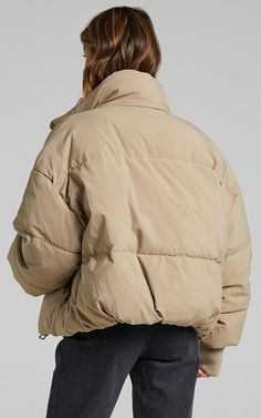 Windsor Puffer Jacket in Beige | Showpo Jean Large, Blazer Jeans, Exposed Zipper, Puffer Jacket, Windsor, Down Jacket, Winter Fashion, Fashion Forward, Puffer