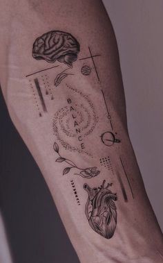 a person with a tattoo on their arm that has a brain and arrows coming out of it