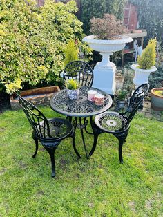 an outdoor table and chairs in the grass near some bushes with flowers on it, next to a birdbath