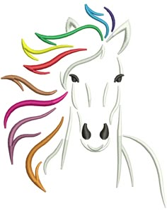 a white horse with multicolored manes on it's head