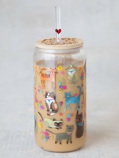 Glass Tumbler With Lid & Straw - Cat-view 1 Palm Leaf Plates, Prayer Box, Iced Latte, Iced Drinks, Stainless Steel Straws, Natural Life, Glass Tumbler, Heart On, Cups And Mugs