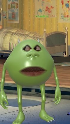 an animated green creature standing in the middle of a room with a bed behind it