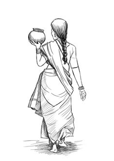 a drawing of a woman carrying a vase