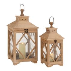 two wooden lanterns with one lit candle