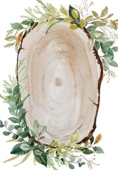 a watercolor painting of a tree stump with leaves and branches around it