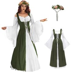 PRICES MAY VARY. Distinctive Design: Our renaissance women dress set has exquisite and delicate brocade embroideries on either side of the lacing. Front lace-up closure, adjustable shoulder straps and back lacing for a customizable fit. Trumpet long sleeves and high waist for a wonderful silhouette. Floor-length design with adjustable ties to help you achieve the perfect body fit. Our wreath crown is very comfortable to wear and doesn't demand an exclusive hair style to hold it. High-quality Fab Irish Costume, Masquerade Party Dresses, Irish Costumes, Dress Medieval, Irish Dress, Charlotte Dress, Over Dress, Costume Set, Medieval Costume