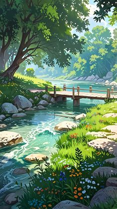 a painting of a river flowing through a lush green forest next to a wooden bridge