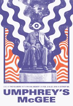 an image of a man sitting on top of a statue with the words umphrey's mcge