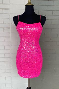 Hot Pink Sequin Straps Bodycon Mini Homecoming Dress