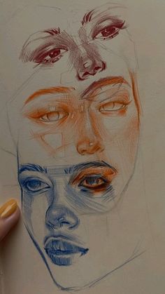 a pencil drawing of a woman's face with different colored eyes and nose shapes