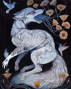 a painting of a white wolf surrounded by leaves and flowers with birds flying around it