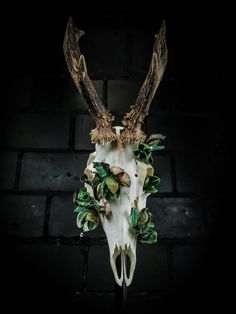 an animal skull with large horns and flowers on it's head, against a brick wall