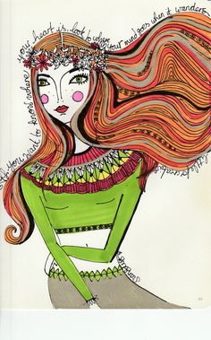 a drawing of a woman with long hair and flowers on her head, wearing a green dress