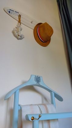 a hat and coat hanger on the wall