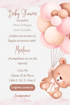 Tarjeta de invitación digital de Baby Shower de Osito Rosa con globos Birthday Background Design, Online Baby Shower, Teddy Bear Baby Shower Invitations, Baby Reveal Party, Newborn Mom