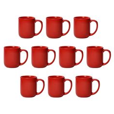 six red coffee mugs sitting next to each other