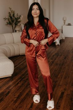 Our Burnt Orange Pajama Pants set is made from a luxuriously soft polyester satin fabric. With 20% spandex, they allow for an ease of flexibility and comfort that make them perfectly light and breathable for bedtime. Add a sentimental touch with our personalization option, making these pajamas the perfect gift for a loved one or keepsake for your own sleepwear collection. · Matte Satin fabric· Elastic waist bottoms· Imported· Printed text for personalization· Ships in 5-8 biz days Satin Pajama Pants, Pajamas Pants, Orange Satin, Satin Pajamas, Matte Satin, Polyester Satin, Satin Fabric, Burnt Orange, Pants Set