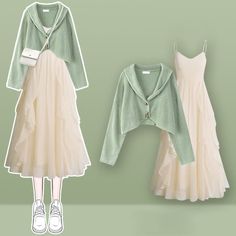 Mode Ulzzang, Chic Cardigan, Style Kawaii, Long Slip Dress, Long Slip, Elegant Chic, Kpop Fashion Outfits, V Neck Cardigan, Dress Set