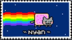 an old computer game with a cat on the screen and rainbows in the background