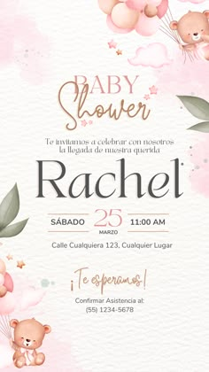 a baby shower is shown with pink flowers and teddy bears on the watercolor background