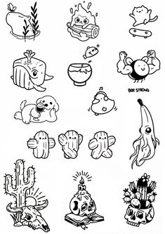 an image of some cartoon animals and plants in black and white ink on the paper