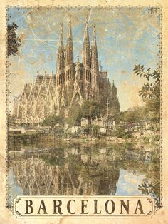 an image of barcelona, spain on the cover of a book with water in front of it