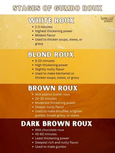 the four stages of gumbo roux are shown in three different colors and sizes