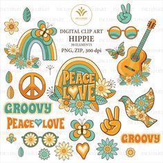 the digital clipart hippie stickers are available for use in crafts and scrapping