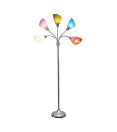 a multicolored floor lamp with four lights on it's sides and a metal base