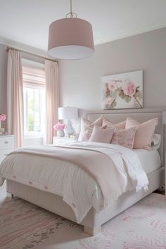 a white and pink bedroom with flowers on the bed