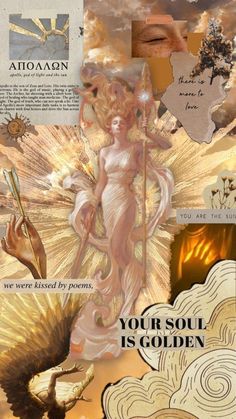 a collage of images with the words your soul is golden on it and an image of a woman holding a staff