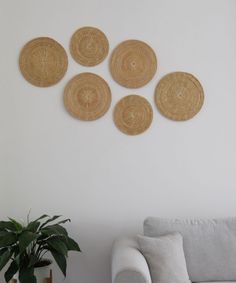 four woven plates mounted on the wall above a couch in a room with a potted plant