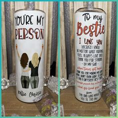 two personalized coffee mugs with the words you're my person on them