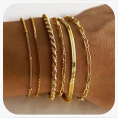 Available In Gold Or Silver Option. Comment Below Desired Color! 6pcs Gold Bracelets Set:Set Contains: Satellite Bracelets Figaro Bracelets Box Chain Bracelets Paperclip Bracelets Satellite Bracelets Rope Bracelets. These Bracelets Are Suitable For Layering As Well As Being Worn Alone. Bracelets Size:Each Bracelet Length 6.5”+ 2.5” Extender. Strong Lobster Clasp Design, You Can Easily To Adjust Bracelets Length By Yourself, This Ankle Bracelets Suitable For Women And Teen Girls. Bracelet Materia Bracelet Pack, Gold Bracelet Set, Real Gold Jewelry, Gold Jewelry Sets, Gold Bracelet For Women, Snake Chain Bracelets, Chain Bracelets, Gold Bracelets, Jewelry Lookbook