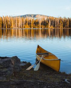 a yellow canoe sitting on the shore of a lake