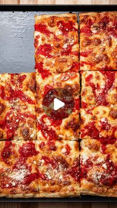 square pizza with pepperoni and cheese cut into eight squares on a wooden table top