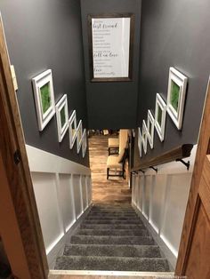 stairs leading up to an office building with framed pictures on the wall and carpeted floor