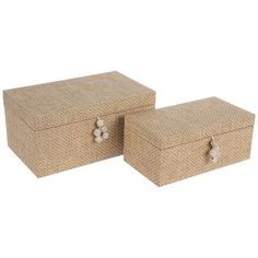 two storage boxes with lids and handles on each side, one is beige woven fabric