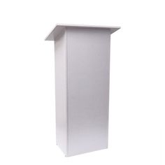 an empty white podium stands against a white background