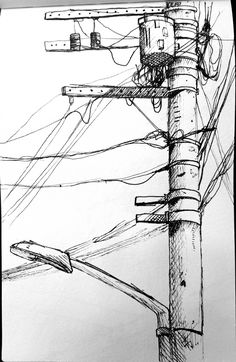 a black and white drawing of power lines on a pole with an electrical wire in the background