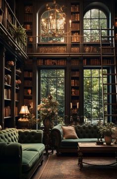 a living room filled with lots of furniture and bookshelves next to a window